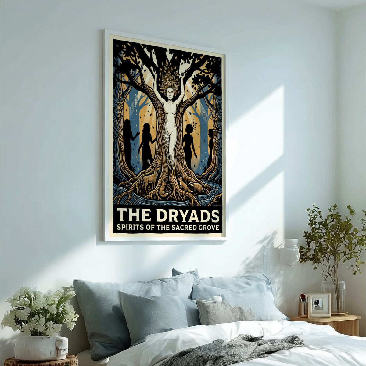 Poster featuring a mythological forest scene with a tree spirit in blue gold