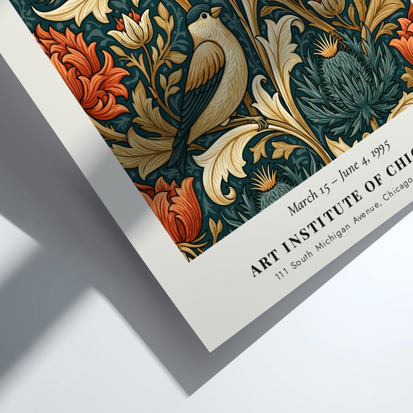 William Morris poster featuring The Earthly Paradise with vibrant floral motifs and birds in rich colors