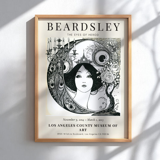 Aubrey Beardsley poster featuring The Eyes of Herod in black and white with intricate details and elegant
