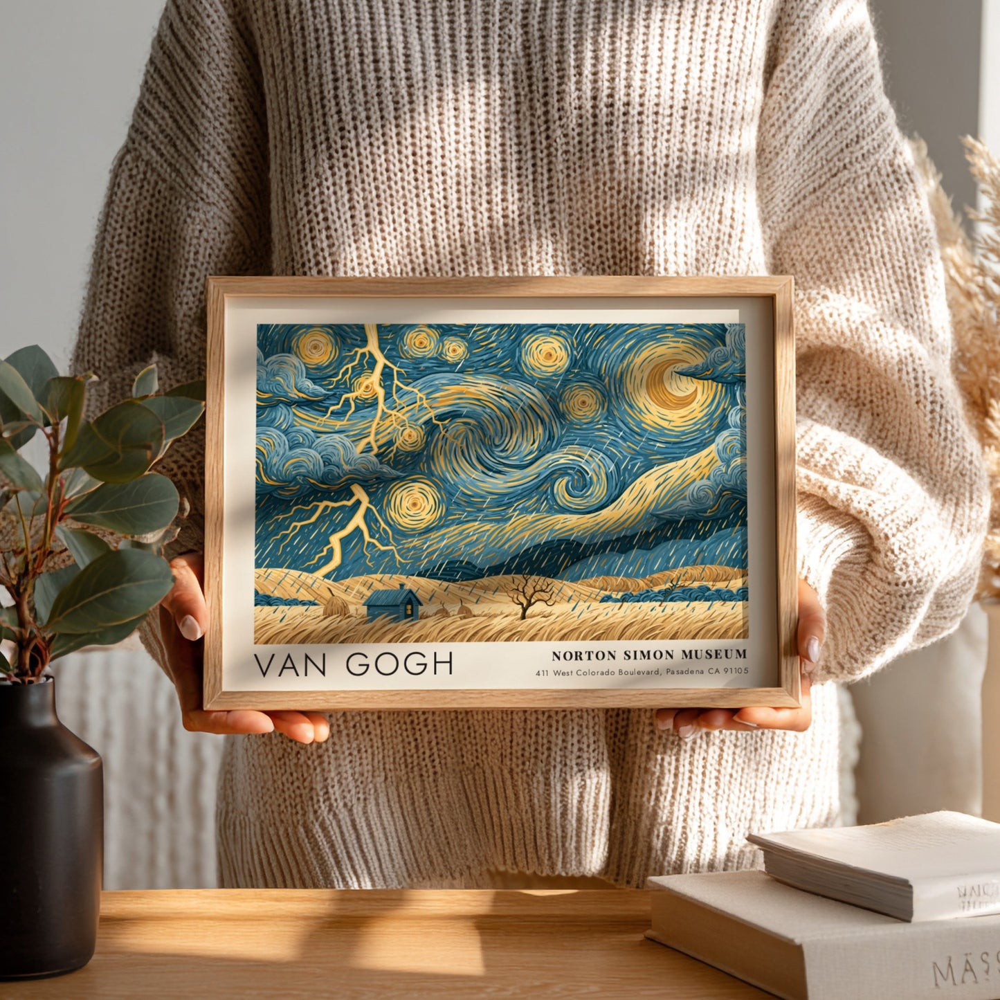 Van Gogh wall art print featuring swirling blue skies and vibrant flowers in a dynamic landscape