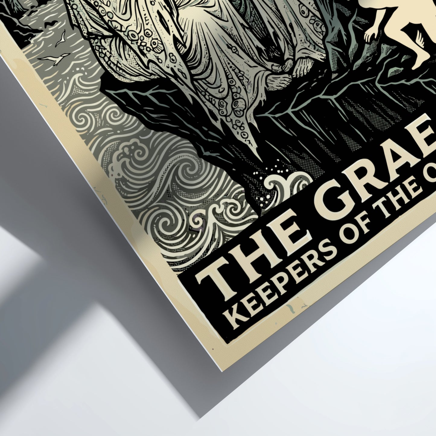 The Graeae Greek Mythology poster featuring three ancient women sharing an eye, in a linocut style with a