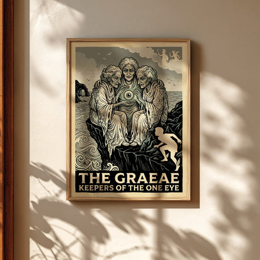 The Graeae Greek Mythology poster featuring three ancient women sharing an eye, in a linocut style with a