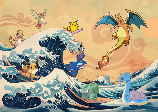 Affiche de paysage Pokémon sur la Grande Vague de Kanagawa