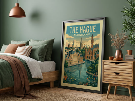 The Hague travel poster featuring a canal, historic buildings, and Dutch flags in a colorful, illustrative