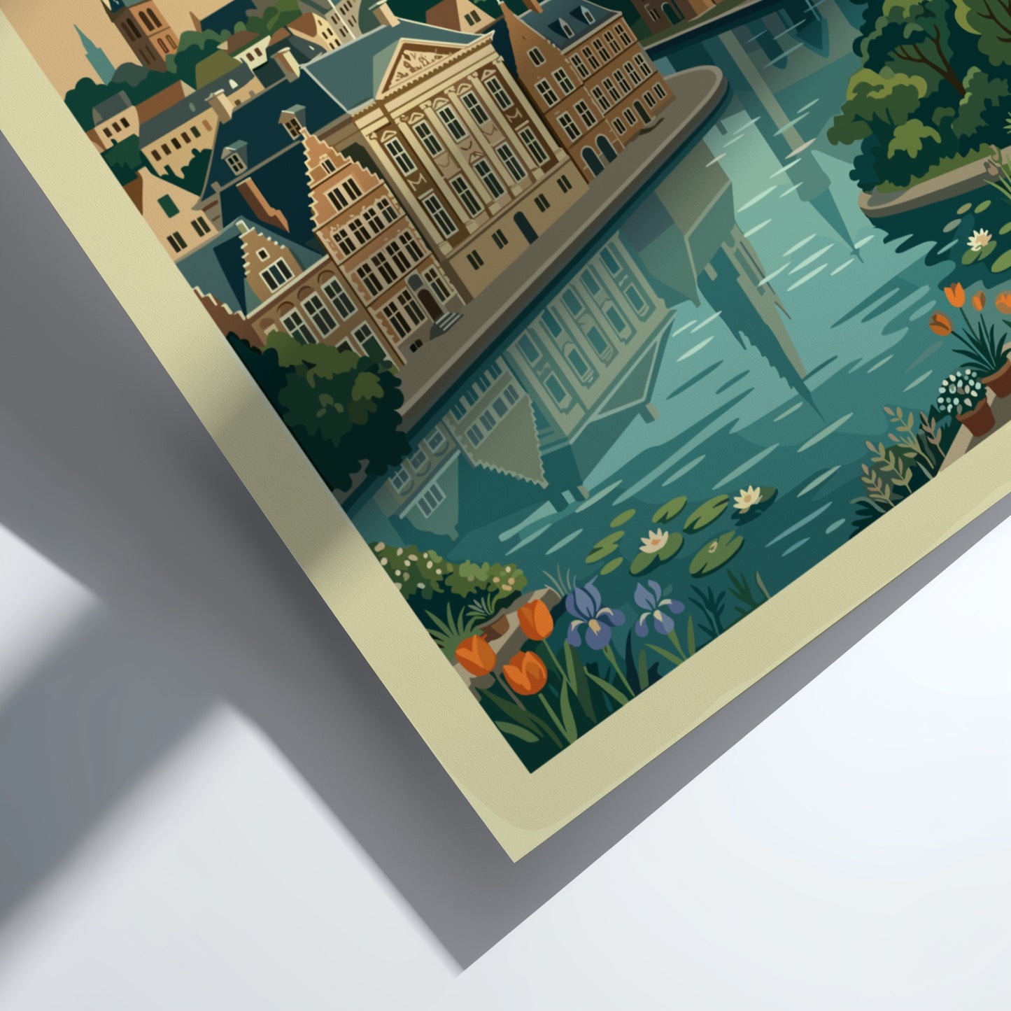 The Hague travel poster featuring a canal, historic buildings, and Dutch flags in a colorful, illustrative