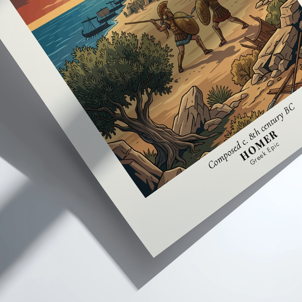 Poster featuring two Greek warriors fighting outside the stone walls of Troy at sunset.