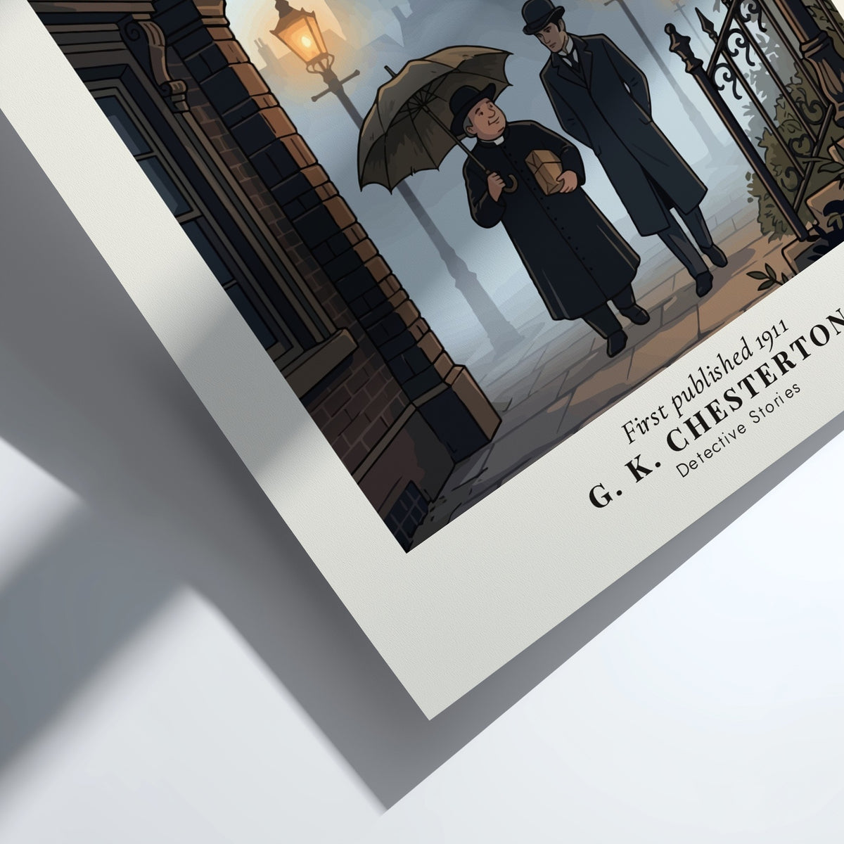 Poster featuring Father Brown and a companion walking past glowing lamps toward a cathedral.
