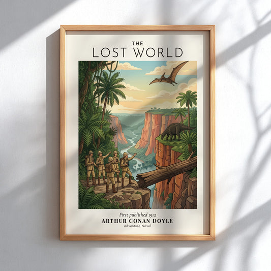 Poster displaying explorers observing a prehistoric canyon scene from Arthur Conan Doyle Lost World