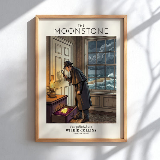 Poster featuring a detective examining a yellow gemstone with a magnifying glass indoors.