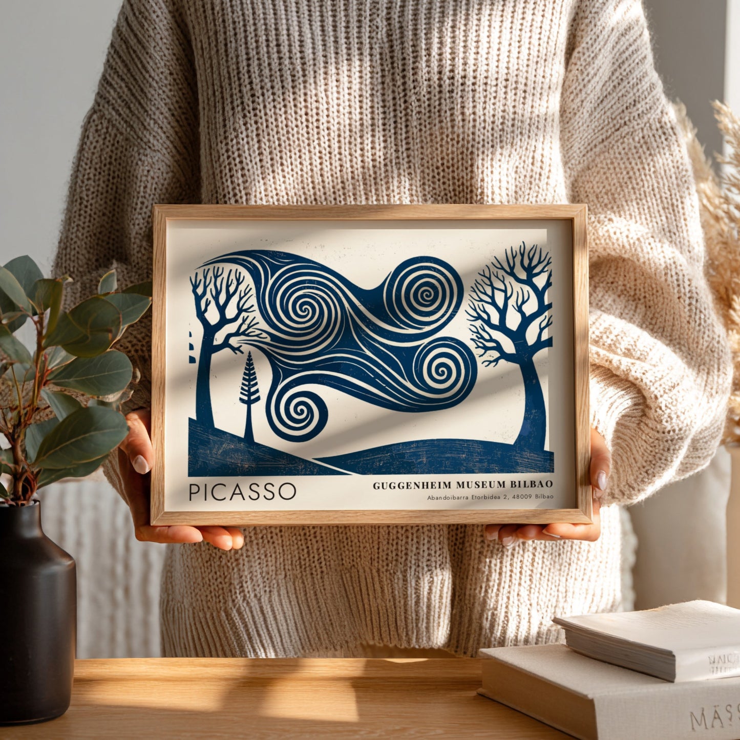 Wall art print featuring swirling blue landscape by Pablo Picasso, titled The Musician, perfect for home
