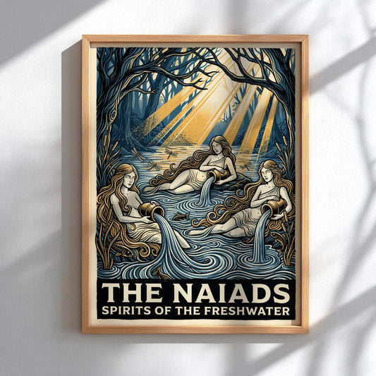 Poster featuring three mythological Naiads pouring water in a deep blue forest pool