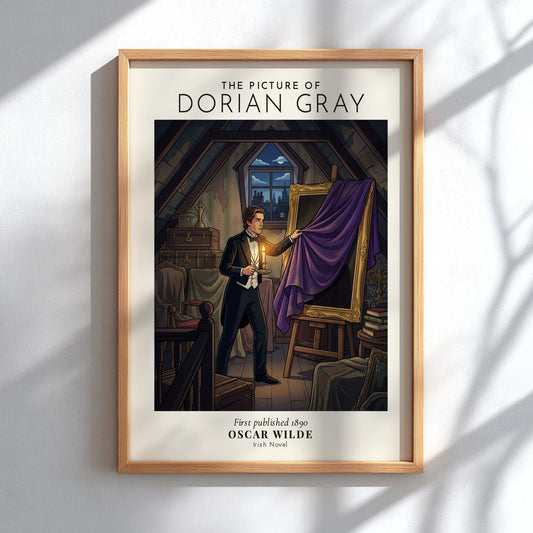 Poster featuring Oscar Wilde holding a candle before a portrait in a dark attic.