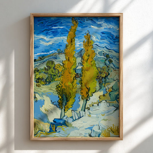 Vincent Van Gogh's "The Poplars" art poster, featuring tall yellow trees and a blue sky.