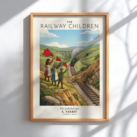Poster of The Railway Children by E. Nesbit featuring three children waving red flags.