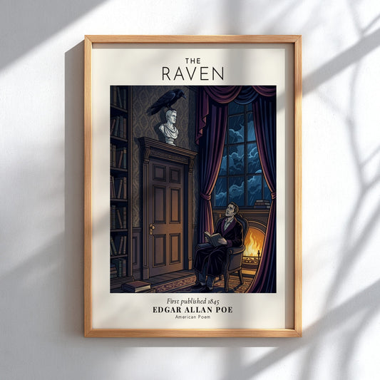 Poster featuring Edgar Allan Poe reading in a library with a raven on bust