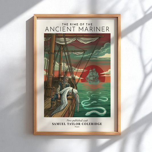 Poster featuring The Rime of the Ancient Mariner with a sailor, albatross, and ship.
