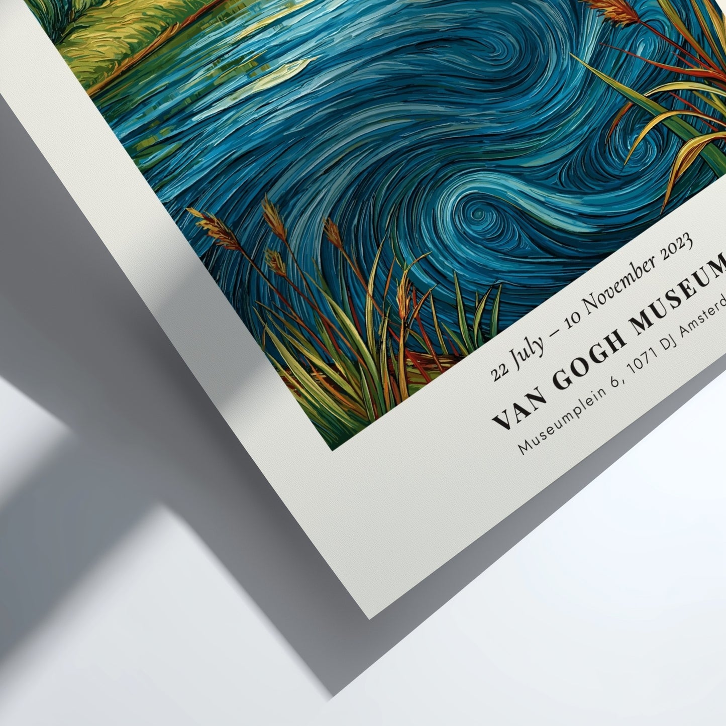 Poster inspired by Van Gogh featuring a serene river scene with vibrant colors and swirling patterns
