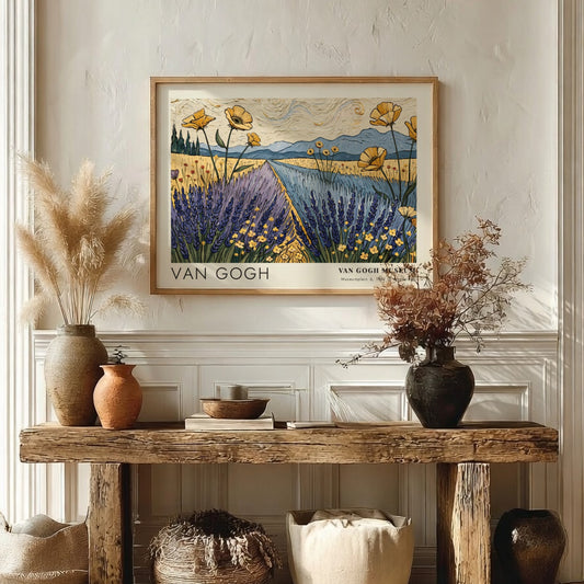 Wall art print of Van Gogh's 'The River' featuring vibrant wildflowers and green banks in a landscape style