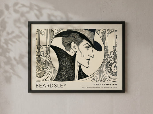 Wall art poster featuring an Aubrey Beardsley portrait with black ink on cream.