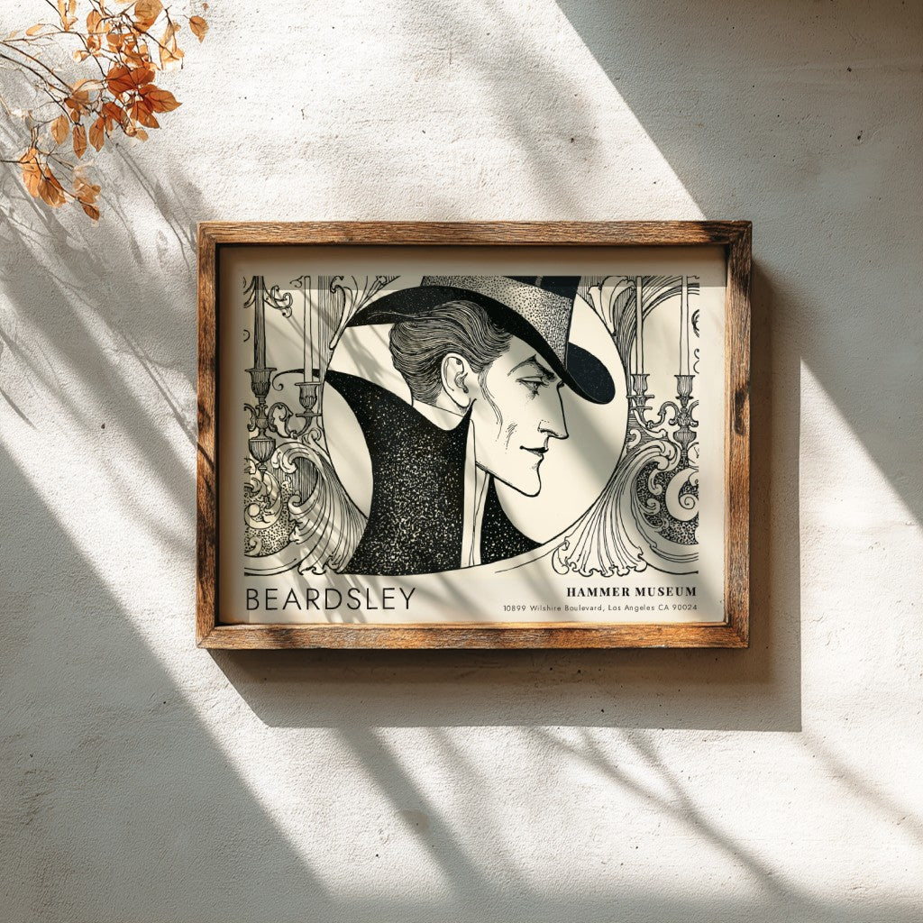 Wall art poster featuring an Aubrey Beardsley portrait with black ink on cream.