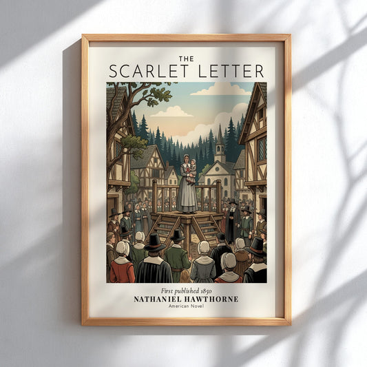 Poster featuring Hester Prynne on a wooden platform in a colonial village setting.