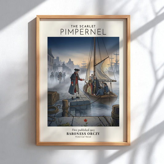 Poster featuring The Scarlet Pimpernel title with a boat escaping from soldiers at docks.