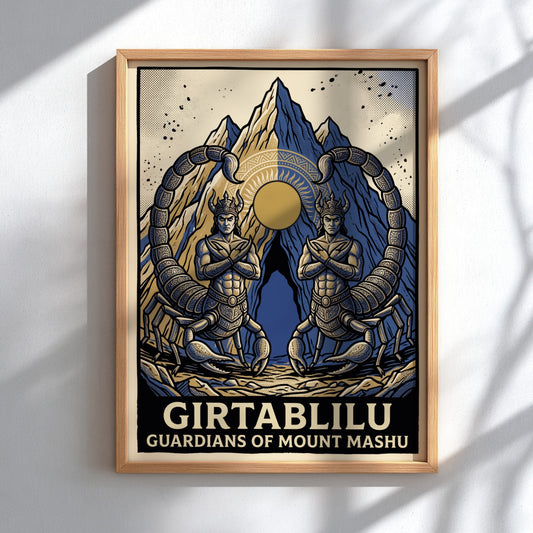 Poster featuring two symmetrical scorpion men guarding the glowing sun over Mount Mashu peaks.