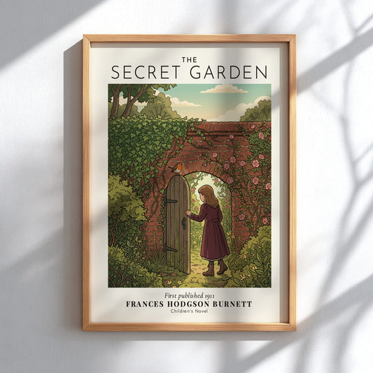 Poster featuring a girl at a garden gate with ivy, roses, and a robin
