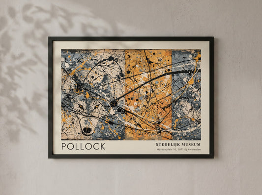 Wall art poster of Jackson Pollock's The She-Wolf with Stedelijk Museum exhibition text.
