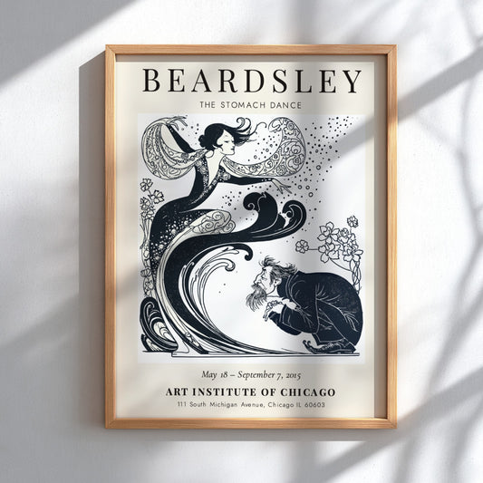 Aubrey Beardsley poster featuring The Stomach Dance with intricate black-and-white design and floral elements