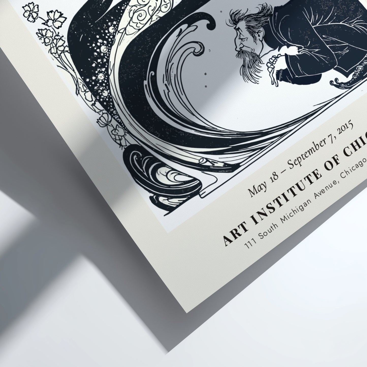 Aubrey Beardsley poster featuring The Stomach Dance with intricate black-and-white design and floral elements