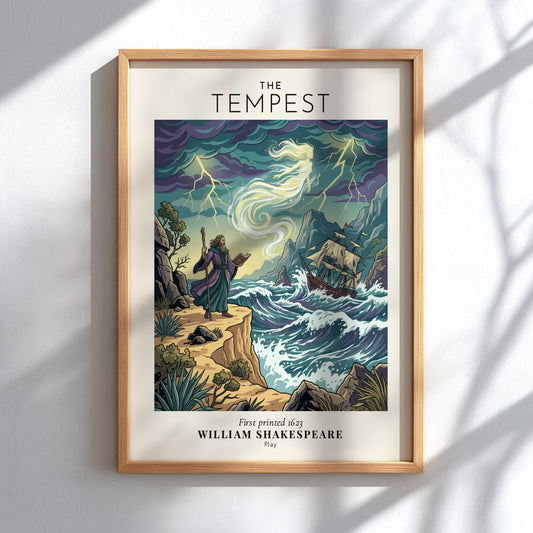 Poster featuring Prospero on a cliff with a spirit amidst a stormy sea scene