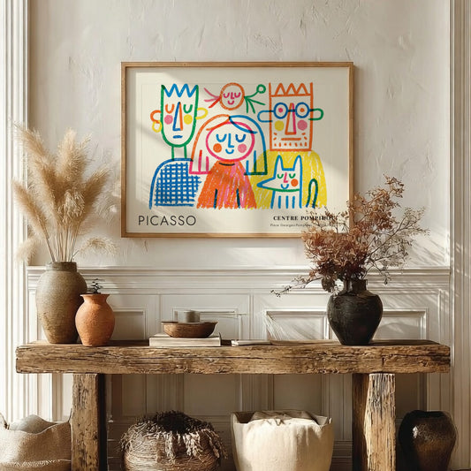 Wall art print featuring The Thinker by Pablo Picasso, colorful abstract figures in a playful style