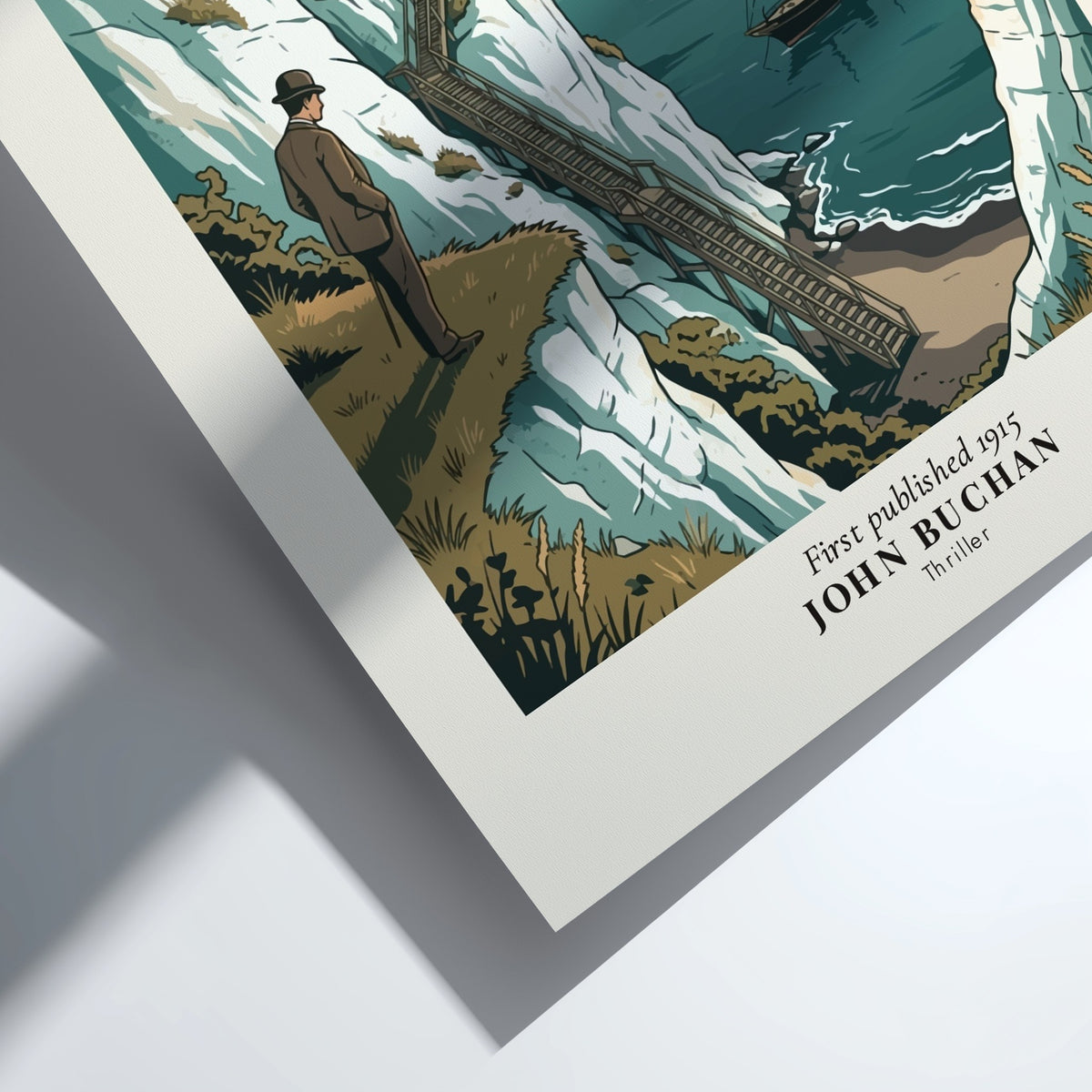 Poster featuring a man standing on white cliffs overlooking a steamship at sunset.