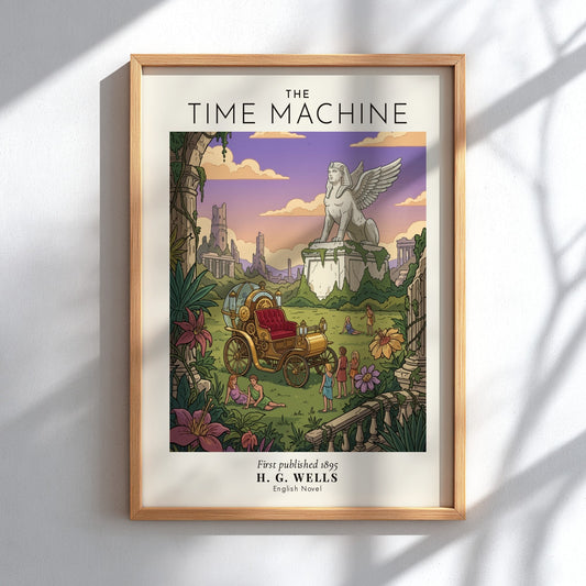 Poster featuring H. G. Wells The Time Machine with a golden vehicle and sphinx.