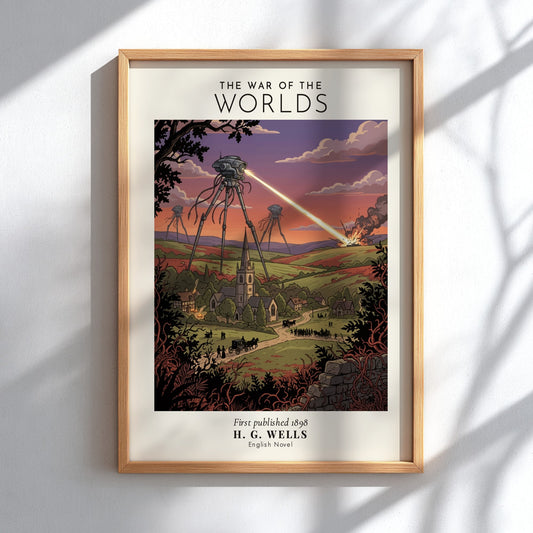 Poster featuring H. G. Wells The War of the Worlds with alien tripods attacking.