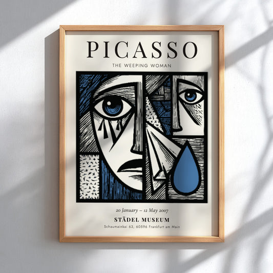 Picasso inspired poster featuring The Weeping Woman in bold colors and cubist style