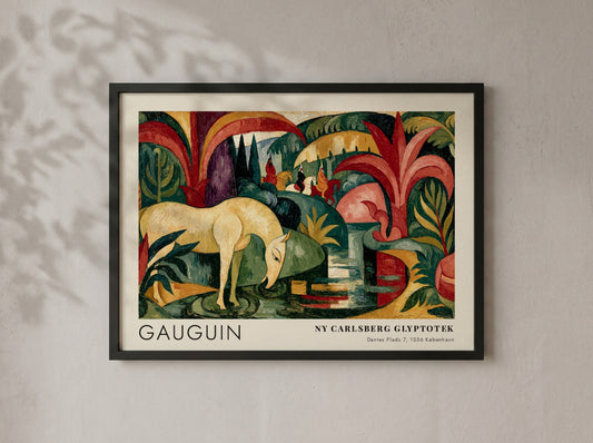 Wall art poster featuring Gauguin The White Horse painting with forest green tropical foliage.