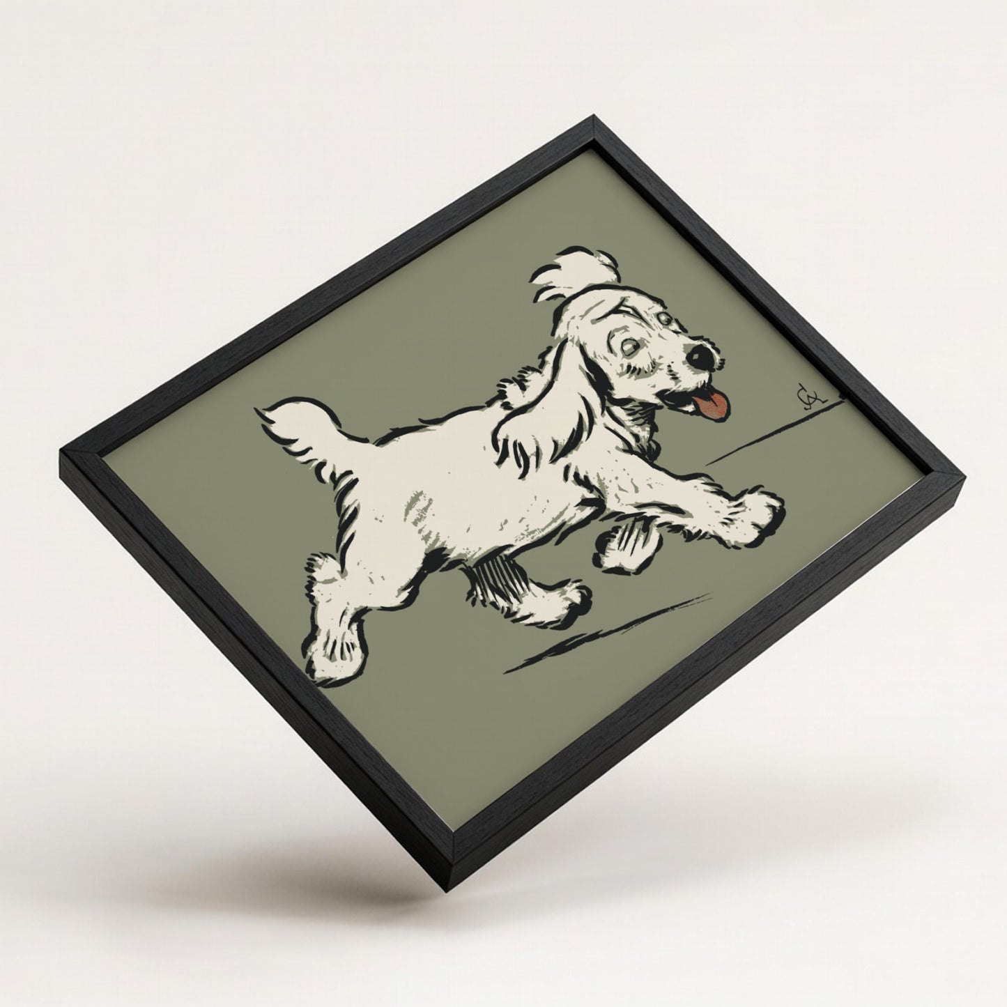 Vintage "The White Puppy" drawing by Cecil Aldin, a light-colored dog in motion, framed art.