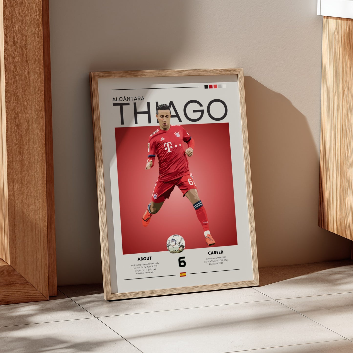 Framed poster of a soccer player in a red jersey on a beige wall.