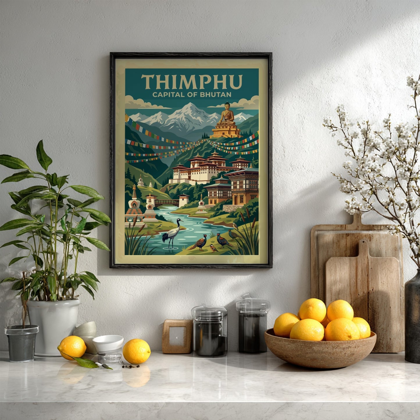 Travel poster of Thimphu Bhutan showing the golden Buddha statue and Himalayan mountain range.