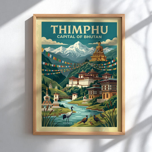 Travel poster of Thimphu Bhutan showing the golden Buddha statue and Himalayan mountain range.