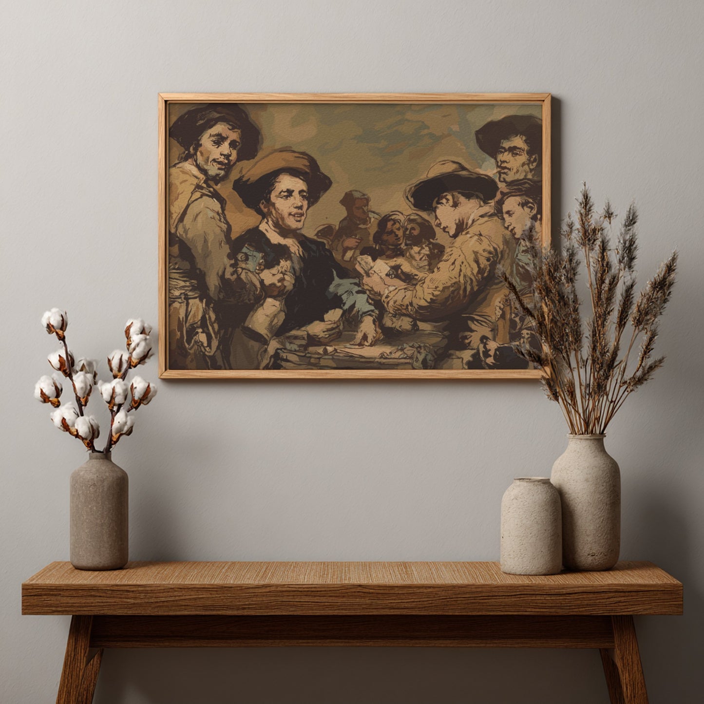 Vintage French drawing of men playing cards, titled "Card Players" by Théodule-Augustin Ribot.