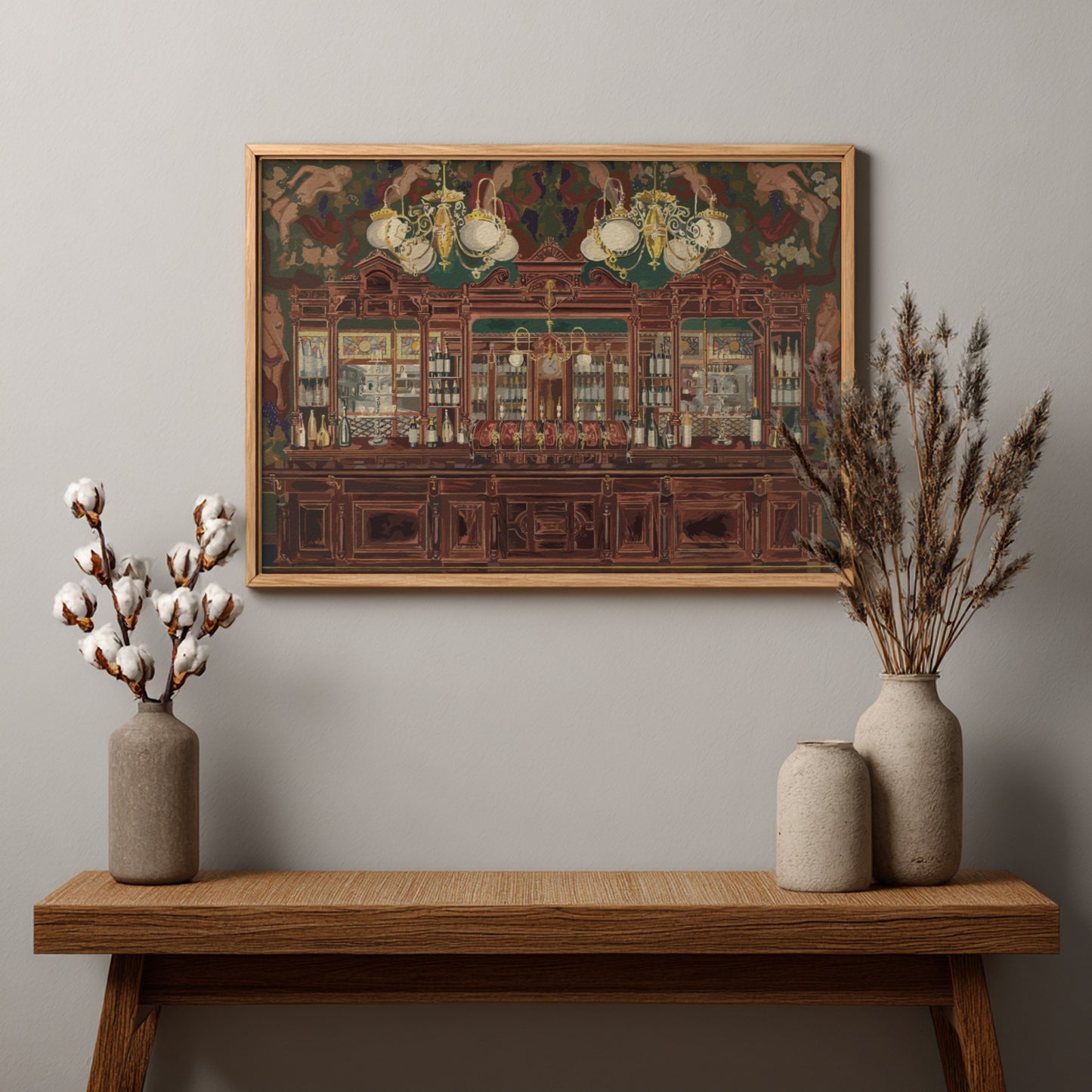 Vintage "Bar" drawing by Perkins Harnly, featuring a detailed illustration of a bar scene with bottles and