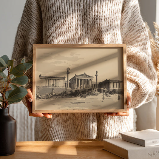Vintage sepia drawing of the British Museum's South Front, featuring neoclassical architecture and historical