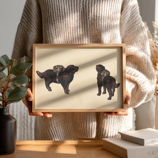 Framed drawing of two Labrador Retrievers by Reuben Ward Binks, featuring a dog with a pack.