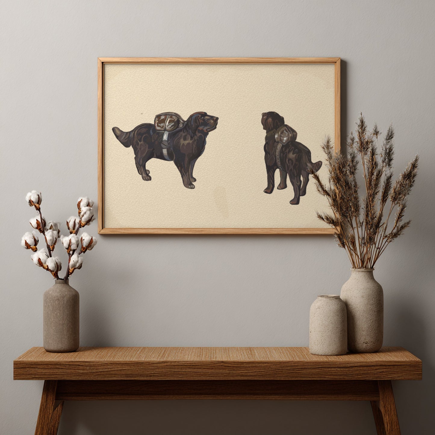 Framed drawing of two Labrador Retrievers by Reuben Ward Binks, featuring a dog with a pack.