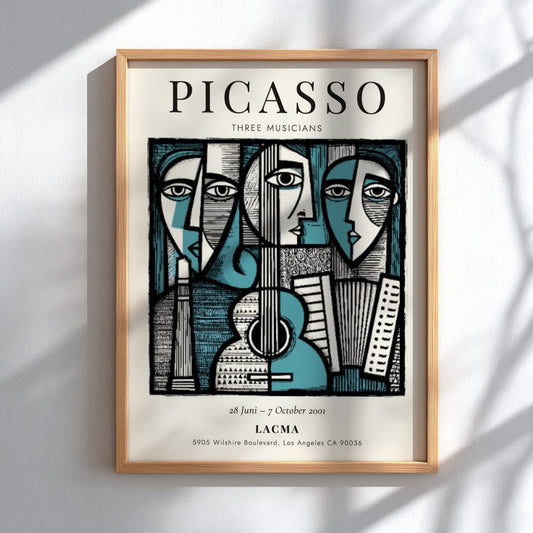 Picasso inspired poster featuring Three Musicians in bold colors and geometric shapes