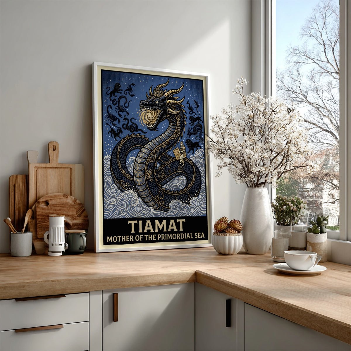 Poster featuring Tiamat as a golden dragon rising from blue waves with text