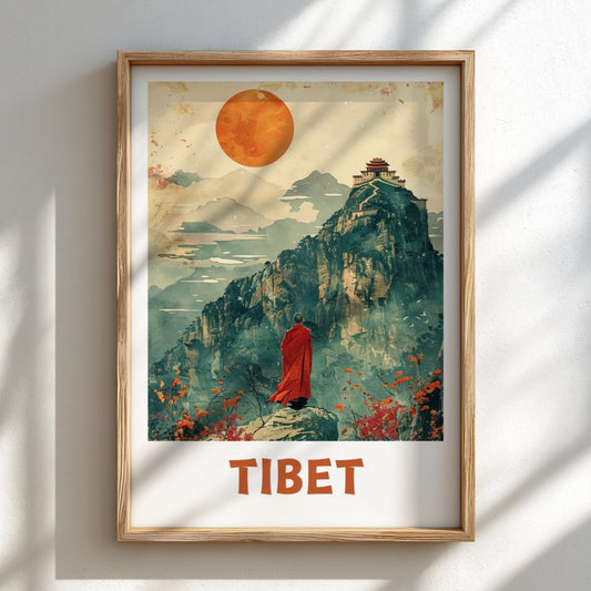 Framed artwork of a mountain scene with a monk in red robes and 'Tibet' text.